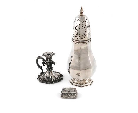 A mixed lot of silver items,various dates and makers,comprising: a sugar caster of octagonal baluster form, by James Deakin a