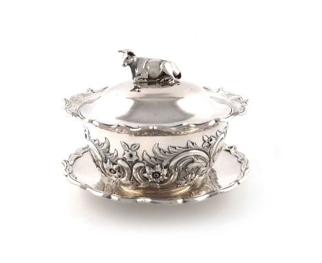 A Victorian silver butter dish, cover and stand,by The Barnards, London 1837,circular tapering form, embossed foliate scroll 