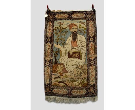 Tabriz pictorial rug, north west Persia, circa 1930s, 4ft. 5in. x 2ft. 9in. 1.35m. x 0.84m. Portrait rug depicting the famous
