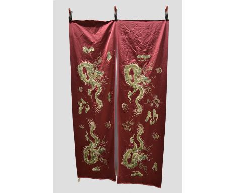 Three Chinese silk embroidered panel fragments, deep pink silk satin, each piece finely embroidered with raised-work large pl