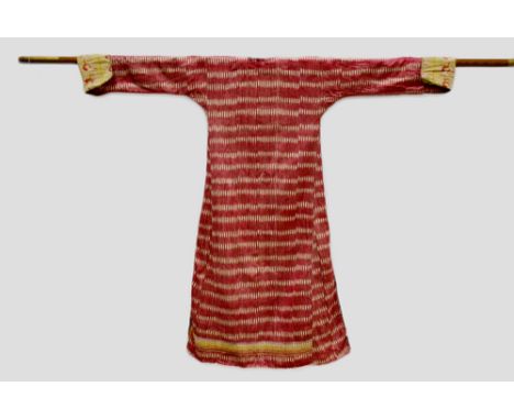 Silk ikat coat, Syria, late 19th century, raspberry pink with ivory ‘bar’ design, the main back panel with a narrow yellow, i