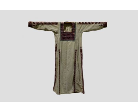 Palestinian silk embroidered robe, heavy white cotton ground, with exquisitely embroidered floral details; mid-20th century. 