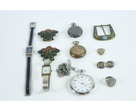 A fob watch, stamped '935'; a chrome plated Woodford open faced pocket watch, on a chain; a gilt metal pocket compass; two la