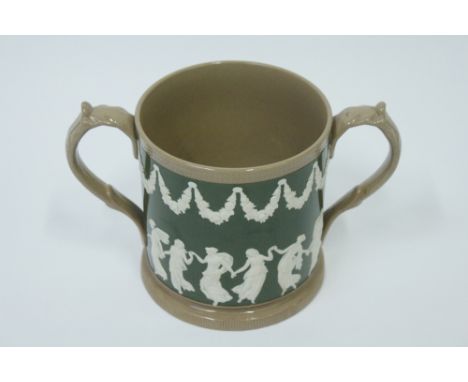 A 19th century Copland Spode jasper ware two handled drinking mug, with impressed and prints marks