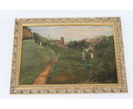 An early 20th century oil on canvas of children playing by the coast, 39cm x 60cm