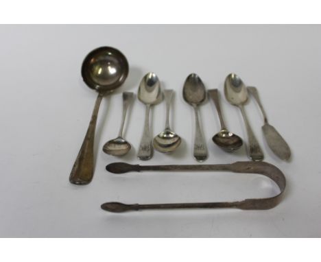 A collection of silver flatware, comprising; a matched set of six Georgian old English pattern teaspoons; a pair of William B