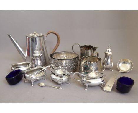 Plated Three Piece Coffee Set, Plated Cruet Set, Two African Bowls, Silver Toddy Ladle