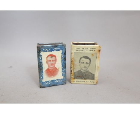Two Celluloid Matchbox Covers, Lt. Robinson VC.R.F.C. 'The End of the Baby Killer' Zeppelin L21 and the 'Man Who Brought It D