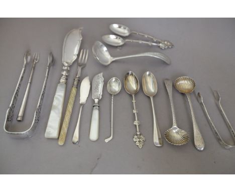 Small Silver: Two Pairs of Sugar Tongs, Pair of George IV Salt Spoons, Two Forks, Five Various Teaspoons, Three Knives and a 
