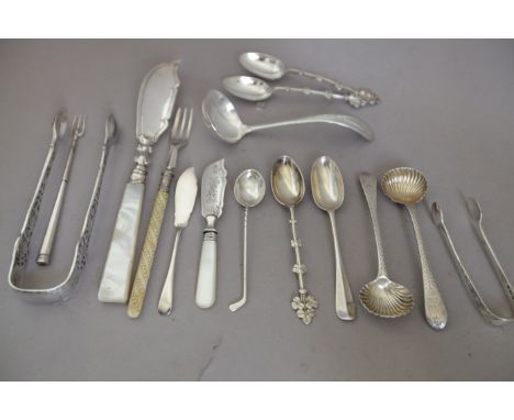 Small Silver: Two Pairs of Sugar Tongs, Pair of George IV Salt Spoons, Two Forks, Five Various Teaspoons, Three Knives and a 