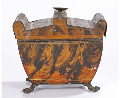 19th Century Pontypool toleware tea caddy, the sarcophagus body decorated in faux coromandel wood and a basket of fruit, rais