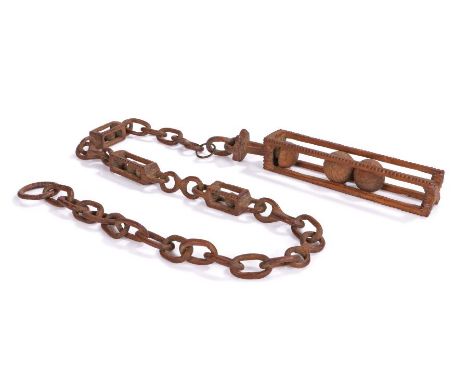 19th Century Welsh treen love token chain, the end of the chain with a long large lantern containing two balls, the chain lin