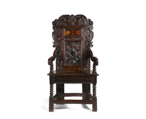 An impressive and good Charles II joined oak and inlaid double panel-back open armchair, South-West Yorkshire, circa 1670  Pr