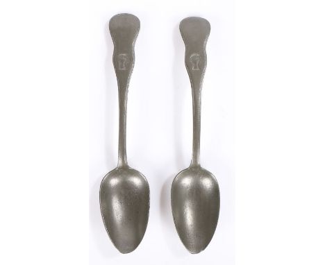 Rare pair of Irish pewter table spoons, stamped with Free Trade slogans to the front and Harp stamp to the back of the spoon,