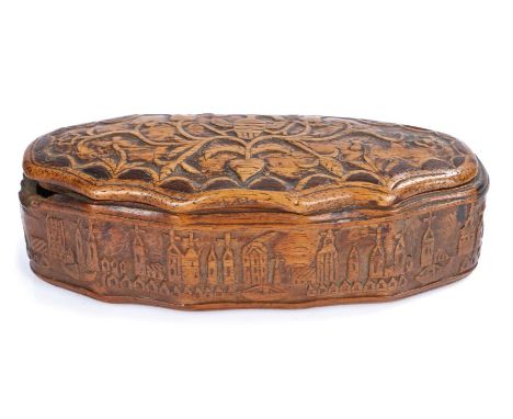 18th Century walnut treen snuff/tobacco box, French/Dutch, the shaped bowl with a lid carved with spiralling vines and flower