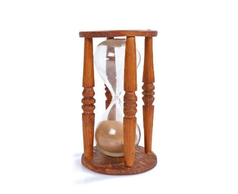 19th Century pine hour glass/sand timer, the circular top above four turned columns enclosing the glass timer, 15.5cm high