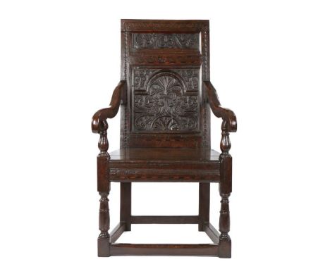 Charles II joined oak and inlaid panel-back open armchair, South-West Yorkshire/East Lancashire, probably Burnley, circa 1670