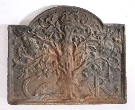 17th Century cast iron fireback panel, initialled C R and decorated with a crown above an oak tree, 88cm x 73cm&nbsp;