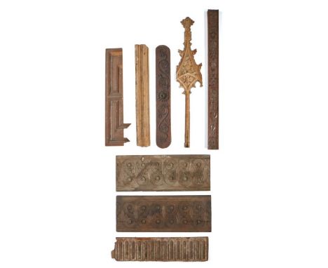 Collection of 16th/17th/18th Century oak panels, to include a rood screen section, a geometric chest front panel, a thumb mou