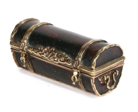 A good early 18th century brass and painted snuff box, Nuremburg/Augsburg, in the form of a dome-lidded chest, with strap has