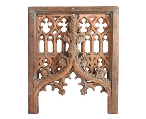 Section of 16th Century Gothic oak rood screen panel, decorated with polychrome pierced tracery work, 89cm x 75cm&nbsp;