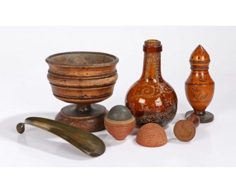 Collection of objects, to include a 19th Century polychrome decorated pepper pot, a folk art bottle dated 1891 and named L.G.