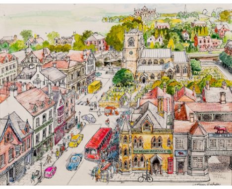 Graham Oakley [b.1929]-The Church Mouse, p.1,'In a busy little town, not very far away, there is a church',:-signed, watercol