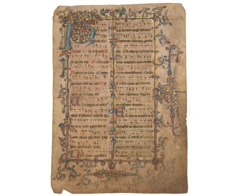 MANUSCRIPT LITURGY : Illustrated on both sides on vellum. 375 x 270 mm, 36 lines on one side, the other side with highly deco