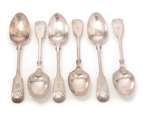 A set of six silver dessert spoons, by Cooper Brothers, Sheffield 1895, in fiddle and shell pattern with engraved initial 'R'