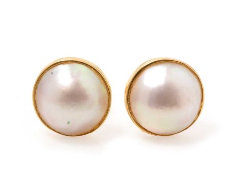 Please note size amendment, pearls 1.4cms diameter not 4cms.A pair of mabe pearl earrings, each 1.4cms diameter, in 18ct yell