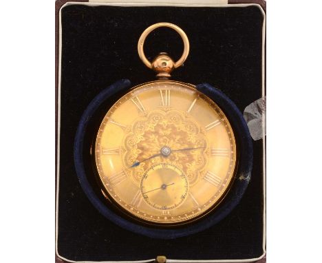 A Victorian 18ct yellow gold cased open faced pocket watch, the gilt roman dial with floral engraving and subsidiary seconds 