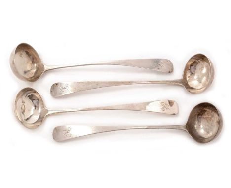 Two pairs of silver toddy ladles, one pair by Peter Lambert, Edinburgh 1835; and the other 1808, with engraved initial 'R', 2