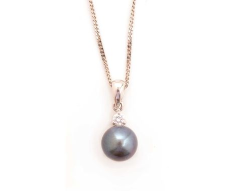 A diamond and cultured black pearl pendant, the cultured black pearl 9mm wide, below a single brilliant cut diamond weighing 