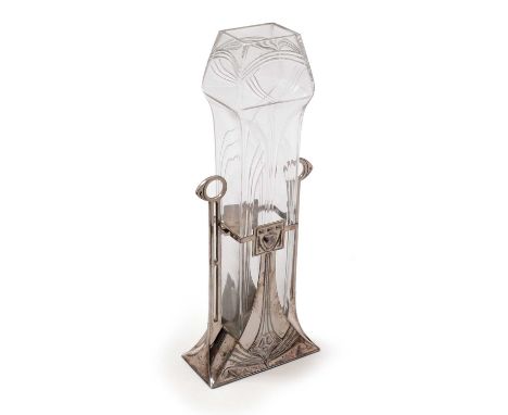 An early 20th Century WMF Art Nouveau vase, the 'onion' shaped cut glass liner on stand with stylized floral design, marks to