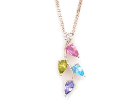 A diamond and gem-set pendant, the brilliant cut diamond set above four pear-cut coloured gemstone, possibly pink tourmaline,