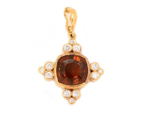 An Imperial Topaz and diamond pendant, by S&amp;P, Edinburgh 2009, the Imperial Topaz measuring 10.6 x 10.9 x 6.2mm surrounde