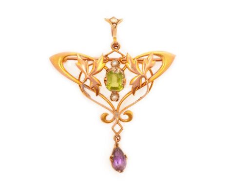An Edwardian Suffragette brooch/pendant, in whiplash design set rectangular facet cut peridot, oval facet cut amethyst and se