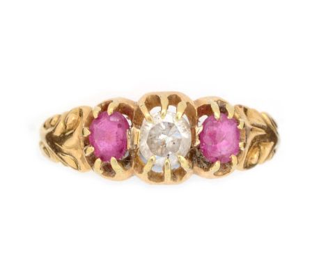 A Victorian style diamond and ruby ring, the central brilliant cut diamond weighing approximately 0.25 carats, flanked by ova
