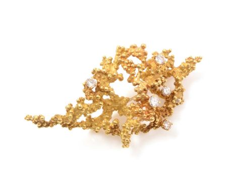 A diamond and 18ct yellow gold brooch, by CJLd, circa 1970s, of coral form set with five brilliant cut diamonds weighing a to