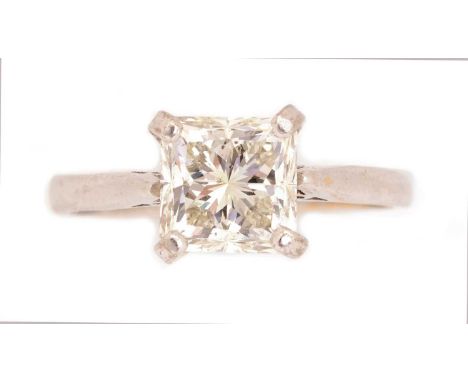 A single stone diamond ring, the princess-cut diamond measuring 7.24 x 7.19 x 5.59mm weighing approximately 2.49 carats, corn