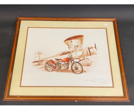 A framed and glazed print of a Harley Davidson beside a bi-plane, 18 1/2 x 15".