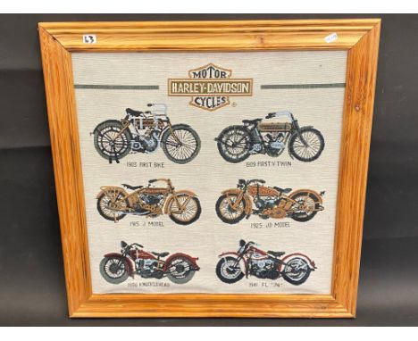 An embroidered picture showing the evolution of the Harley Davidson through six different models, 19 1/2 x 19 1/2".