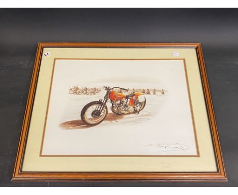 A framed and glazed print of a Harley Davidson, 18 1/2 x 15".