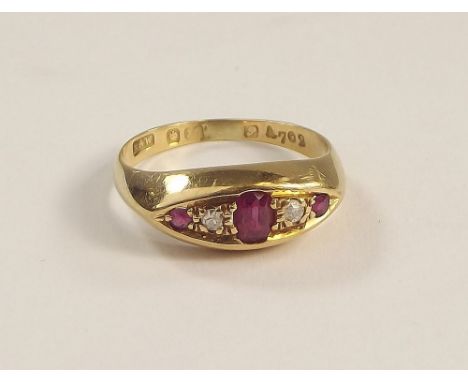 GOLD RING. An 18ct. gold, five stone ruby & diamond ring. Size N/O.