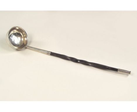 TODDY LADLE. A 19th century toddy ladle with twisted whale bone (Not narwhal) handle. Length 21cm. (Unmarked)
