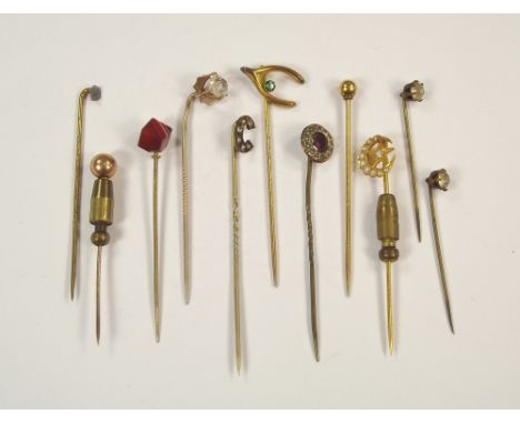 STICK PINS. A collection of stick pins including 15ct. gold, half pearl & diamond, banded agate etc.