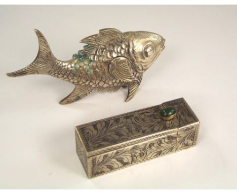 LIPSTICK CASE ETC.An engraved lipstick case with hinged mirror in the cap & a silver coloured metal fish box with fin lid.