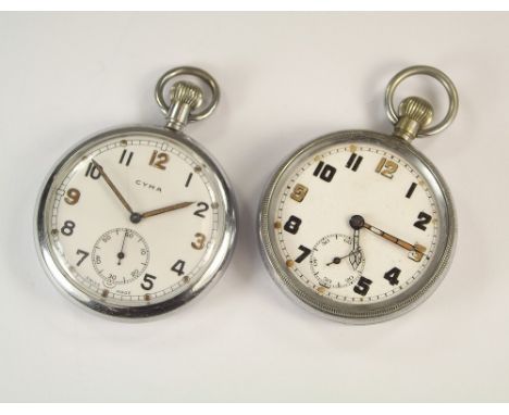 POCKET WATCHES. Two military issue, chromium cased pocket watches, both with broad arrow mark, G.S.T.P., one numbered M 90409