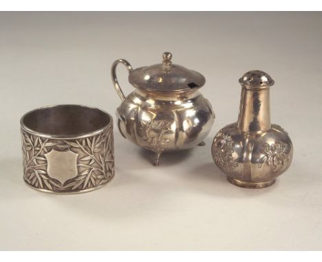 CHINESE SILVER. A pair of Chinese condiments, stamped LH (Luen Hing), 90 & Chinese character marks. Also, a cast silver napki