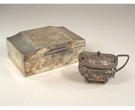 CIGARETTE BOX ETC. A 1920's engine turned cigarette box, 13 x 9 x 5cm. & a late Victorian mustard (lid detached).